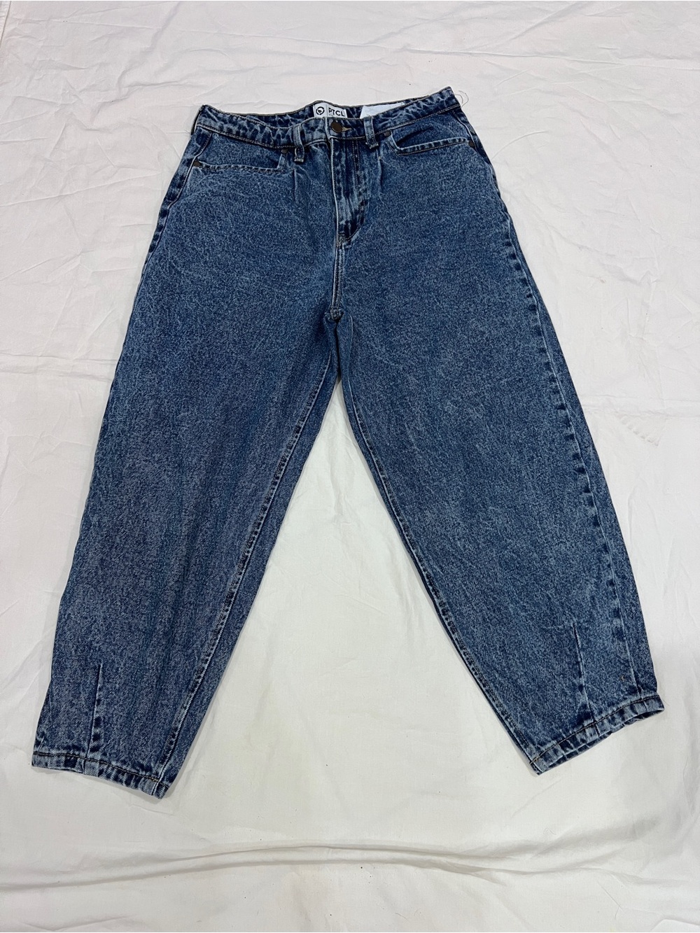 PTCL Ethical Clothing Jeans Size 30 Acid Wash Barrel Tapered Ankle Slit Denim